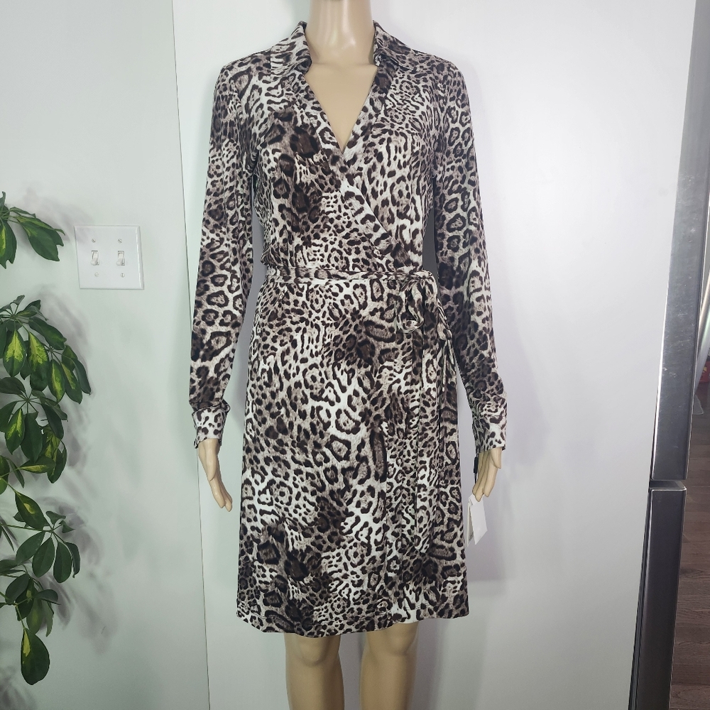 CALVIN KLEIN Women's Leopard Print Body Contour Wrap Midi Dress Size 8 NEW Multi